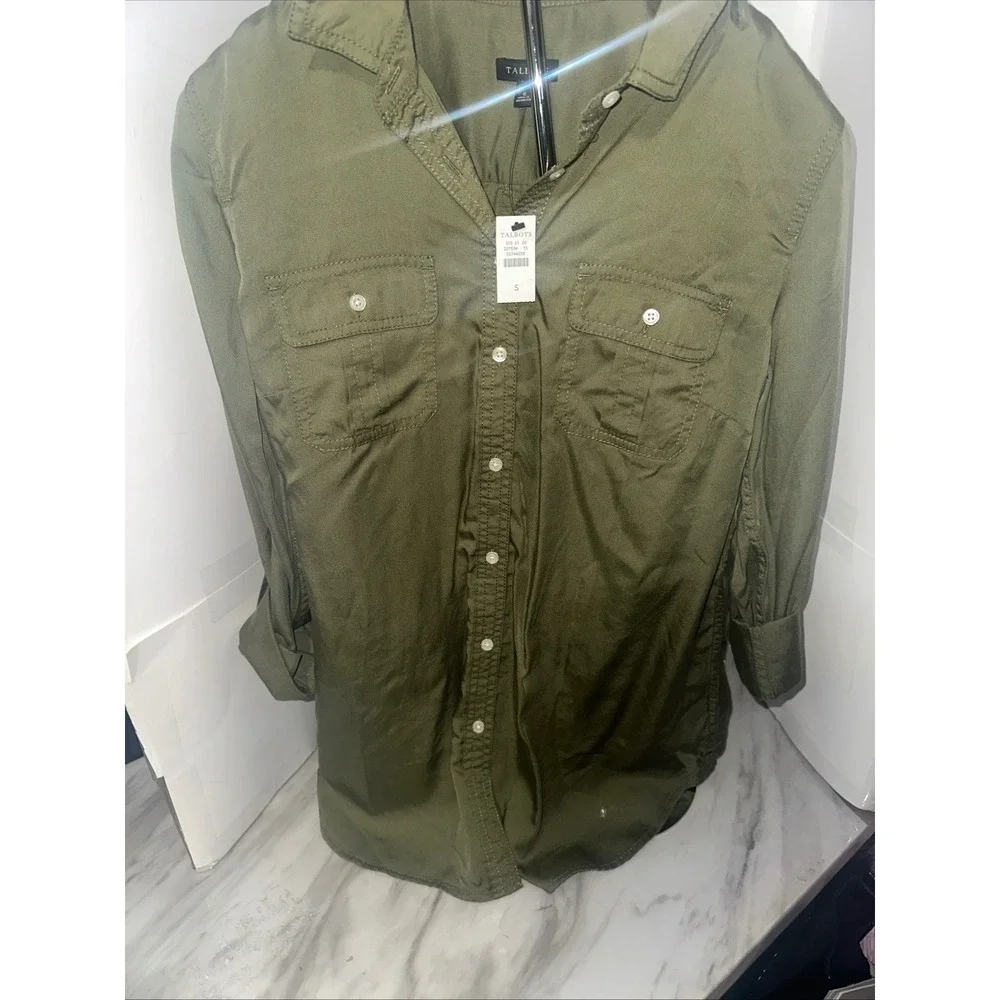 Talbots Olive Green Button Down Shirt Tunic Two Pocket Long Sleeve Top Small - Picture 3 of 5